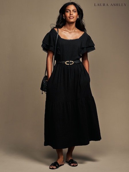 黑色 - Laura Ashley Ruffle Sleeve 100% Cotton Dress With Lace Trims (AD1609) | HK$401