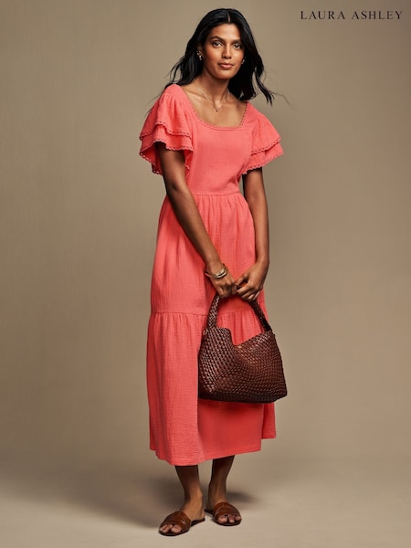 Laura Ashley Coral Pink Ruffle Sleeve 100% Cotton Dress with Lace Trims (AD1610) | $67