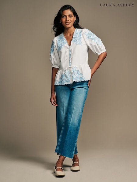 Laura Ashley White/Blue Embroidered Tie Front Bow Detail Blouse (AD1624) | ₪226