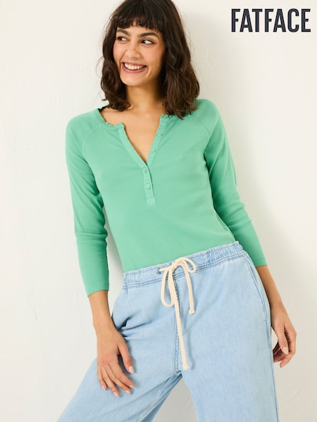 FatFace Reese Jade Green Ribbed Henley Top (AD1783) | €39