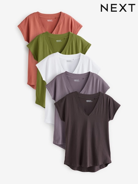Blanco/gris/caqui/óxido/marrón - V-Neck Cap Sleeve 100% Cotton T-Shirts 5 Pack (AD1877) | 46 €