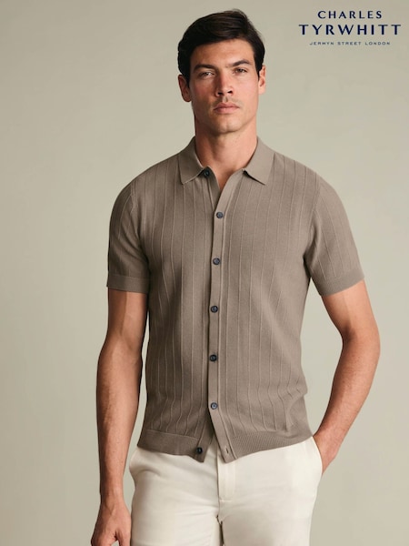 Dabisks tonis - Regular Charles Tyrwhitt Stripe Texture Button Through Short Sleeve Knitted Cotton Polo Shirt