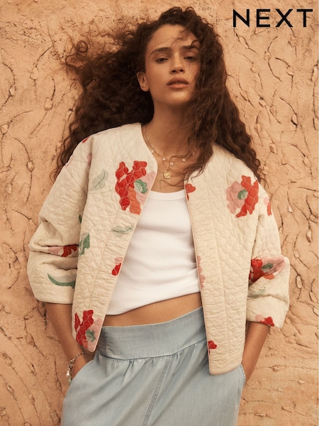 Ecru Cream Floral Print Quilted Jacket (AD1899) | $85