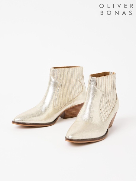 Oliver Bonas Gold Leather Ankle Cowboy Boots (AD2035) | AED335
