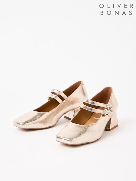 Oliver Bonas Gold Mary Jane Crackle Leather Block Heels (AD2037) | AED276