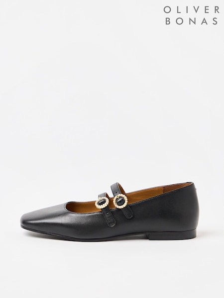 Oliver Bonas Black Mary Jane Double Buckle Pearl Leather Shoes (AD2044) | R$ 685