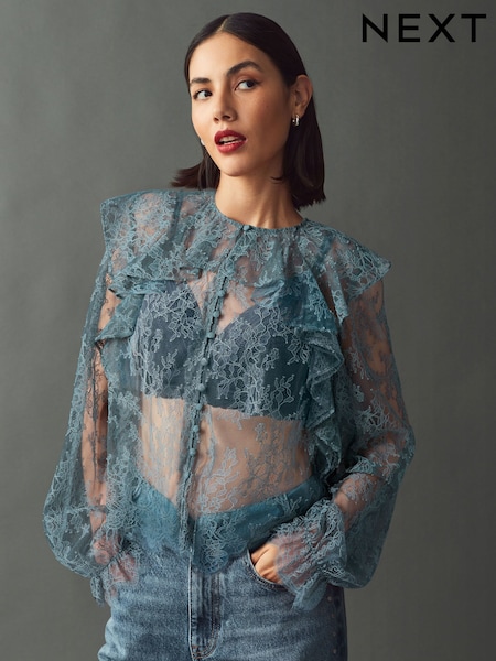 Синий - Ruffle Lace Long Sleeve Blouse (AD2524) | €25