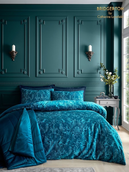 Bridgerton by Catherine Lansfield Teal Green Regal Birds Soft Velvet Duvet Cover Set (AD3070) | €40 - €89