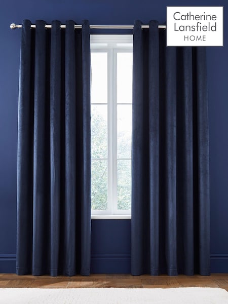 Catherine Lansfield Navy Blue Matt Velvet Lined Eyelet Curtains (AD3074) | €61