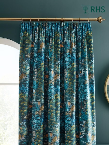 RHS Blue Garden Walk Soft Velour Pencil Pleat Curtains (AD3090) | €54 - €136