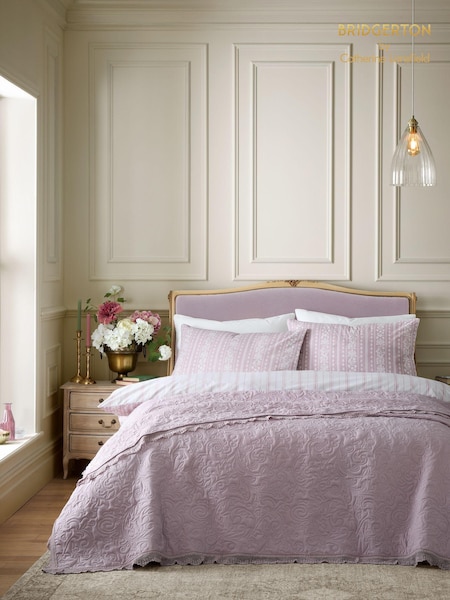 Bridgerton by Catherine Lansfield Blush Pink Silhouette Floral Lace 100% Cotton Bedspread (AD3096) | €74