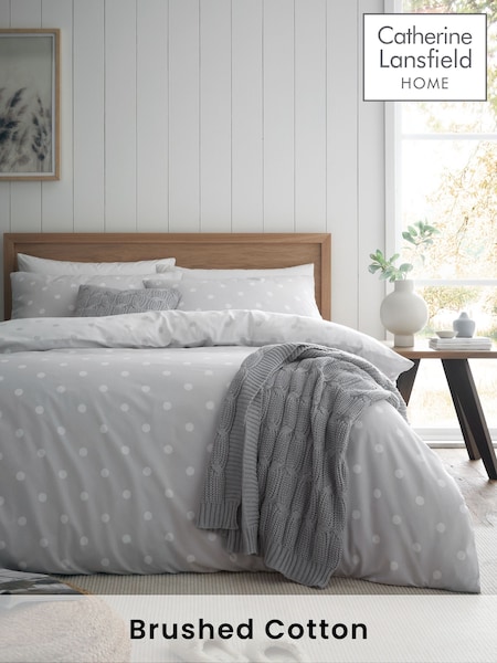 Catherine Lansfield Silver Grey Brushed 100% Cotton Polka Dot Duvet Cover Set (AD3300) | €27 - €46