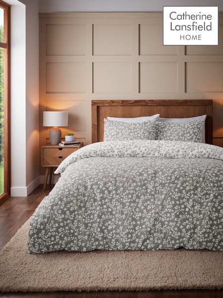 Catherine Lansfield Grey Brushed 100% Cotton Grace Floral Leaf Duvet Cover Set (AD3348) | €27 - €47