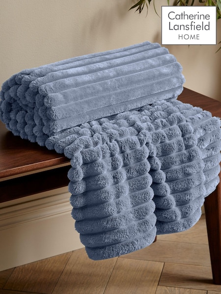 Catherine Lansfield Chambray Blue Soft and Cosy Ribbed Faux Fur Throw (AD3378) | 134 QAR