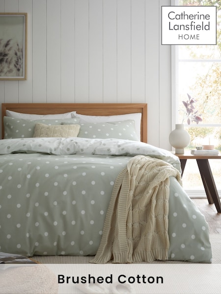 Catherine Lansfield Sage Green Brushed 100% Cotton Polka Dot Duvet Cover Set (AD3386) | €27 - €46