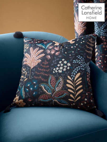 Catherine Lansfield Black Exotic Leaves Soft Velour Cushion (AD3414) | €22