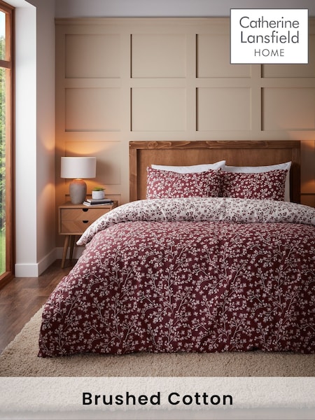 Catherine Lansfield Mulberry Red Brushed 100% Cotton Grace Floral Leaf Duvet Cover Set (AD3421) | €27 - €47