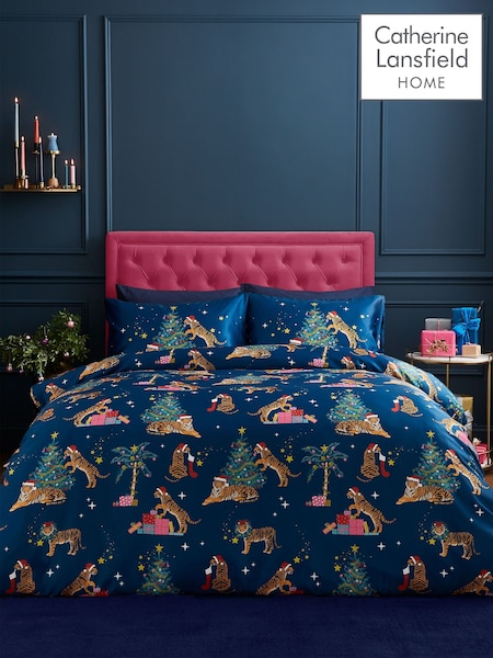 Catherine Lansfield Navy Blue Christmas Tiger Soft Satin Duvet Cover Set (AD3423) | €18 - €29