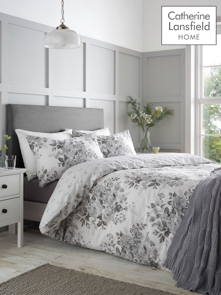 Catherine Lansfield Silver Grey Elinda Floral Reversible Duvet Cover Set (AD3442) | 84 QAR - 139 QAR