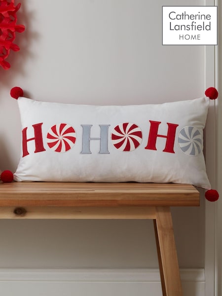 Catherine Lansfield White and Red Christmas Ho Ho Ho Pom Pom Cushion (AD3479) | €22
