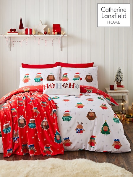 Catherine Lansfield Red Christmas Party Robins Reversible Duvet Cover Set (AD3491) | €23 - €37