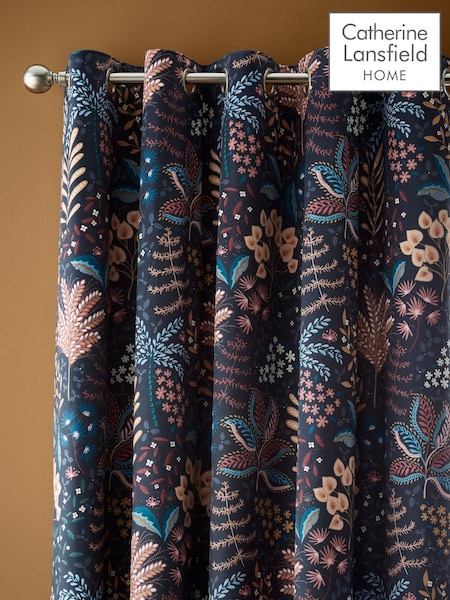 Catherine Lansfield Black Exotic Leaves Soft Velour Lined Eyelet Curtains (AD3514) | €46 - €119