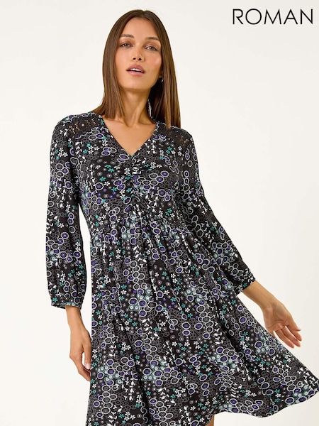 Roman Blue Floral Print Lace Trim Dress (AD3577) | €60
