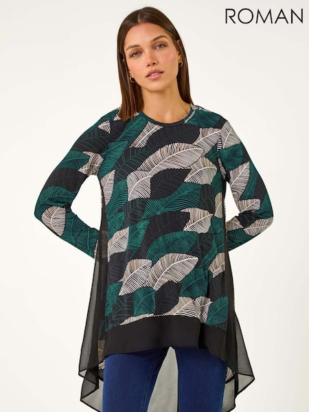 Roman Blue Leaf Print Chiffon Dipped Hem Top (AD3593) | R$ 385