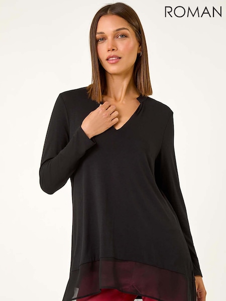 Roman Black V-Neck Chiffon Hem Top (AD3594) | R$ 385