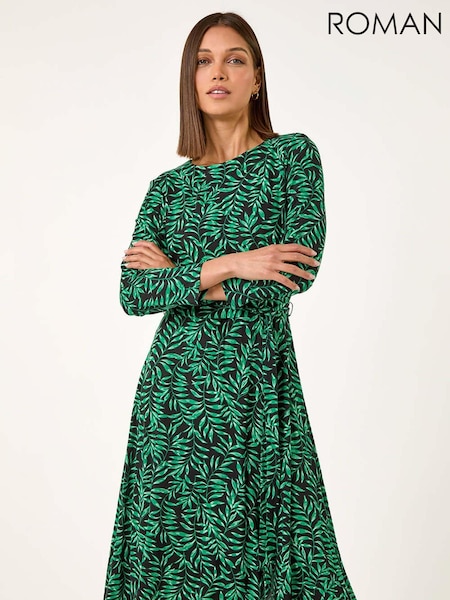 Roman Green Leaf Print Stretch Belted Dress (AD3609) | R$ 510