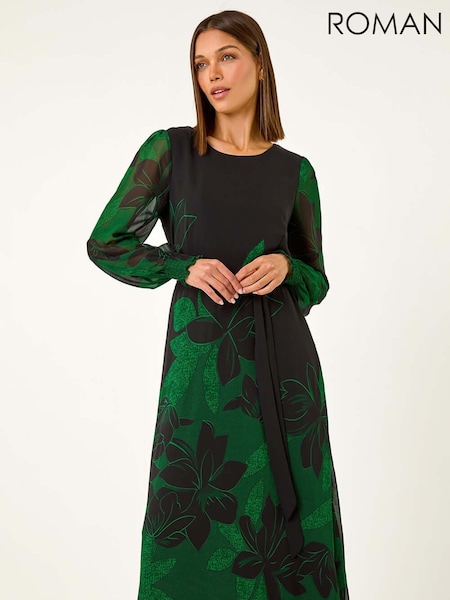 Roman Green Floral Print Shirred Midi Dress (AD3612) | R$ 605