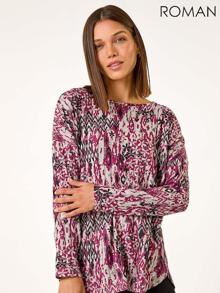 Roman Purple Floral Ikat Print Rib Top (AD3614) | AED233