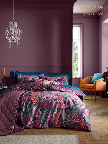 Bridgerton by Catherine Lansfield Plum Kate Floral Soft Velvet Duvet Cover Set (AD3617) | €40 - €89