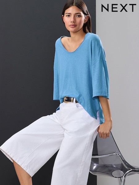Bright Pretty Blue Linen Modal Blend Soft Touch Scoop Neck T-Shirt (AD3632) | 777 UAH