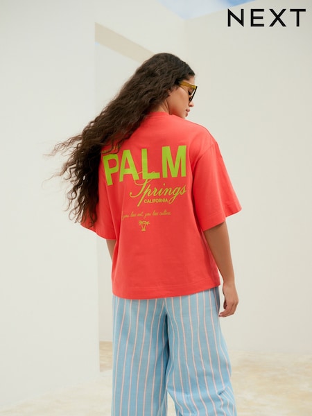 Red Oversized City Graphic Short Sleeve Crewneck 100% Cotton T-Shirt (AD3643) | €22