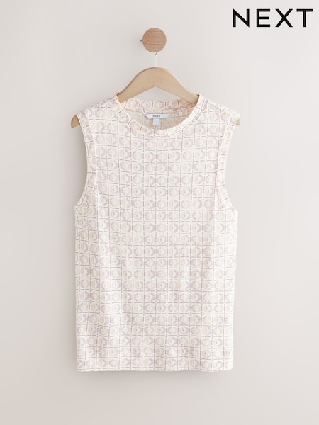 Светло-бежевый с плиточным принтом - Linen Modal Soft Touch Sleeveless Crew Neck Tank Vest Top (AD3647) | €22