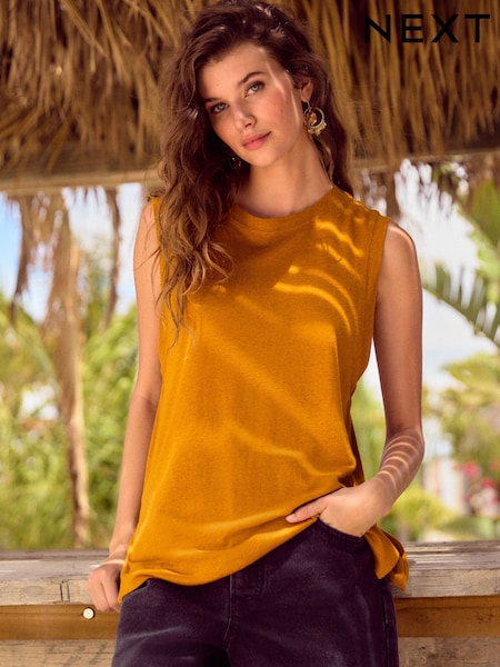 Rust Brown Linen Modal Soft Touch Sleeveless Crew Neck Tank Vest Top (AD3655) | €20