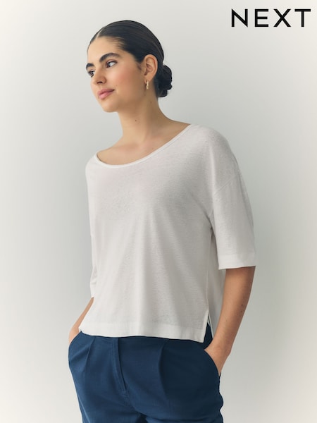 Ecru Linen Modal Blend Soft Touch Scoop Neck T-Shirt (AD3665) | 99 QAR