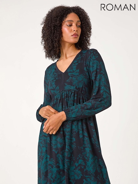 Roman Green Floral Contrast Trim Stretch Dress (AD3675) | R$ 510