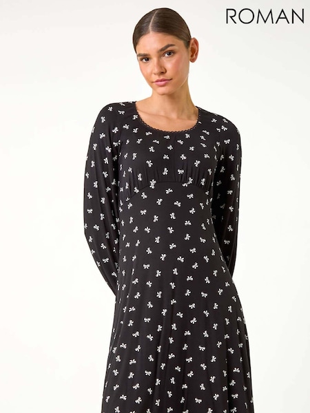 Negru - Rochie elastică cu detaliu Dantelă și imprimeu cu fundă Roman (AD3679) | 313 LEI