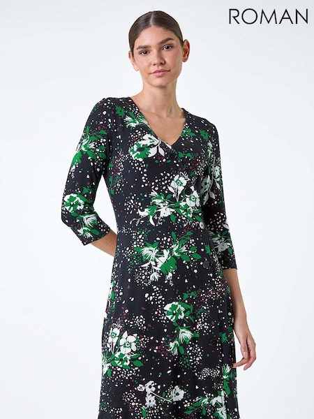 Roman Green Floral Button Detail Frill Stretch Dress (AD3681) | R$ 510