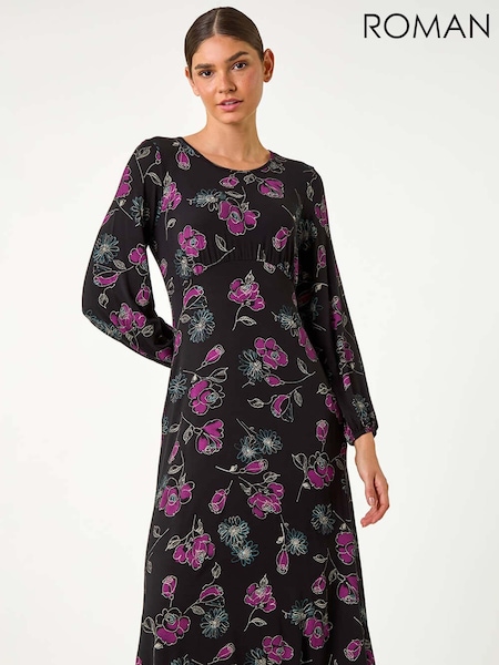 Roman Purple Floral Print Stretch Midi Dress (AD3685) | €53