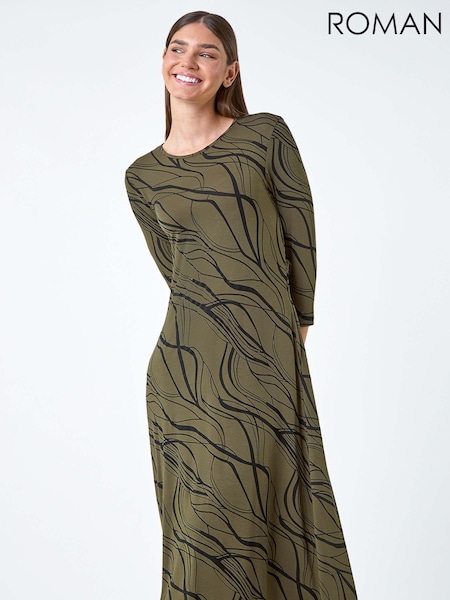 Roman Green Print A-Line Stretch Midi Dress (AD3686) | €53