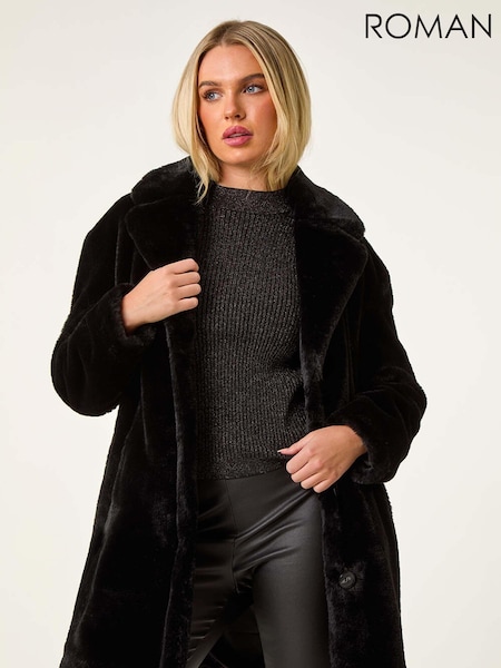 Roman Black Petite Longline Faux Fur Coat (AD3721) | €113