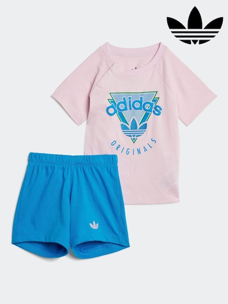 adidas originals Pink/Blue 100% Cotton Shorts and T-Shirt Set (AD3758) | AED163