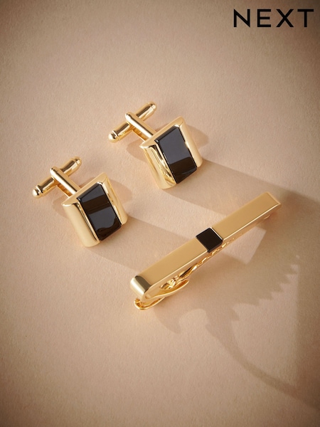 Gold Signature Onyx Stone Cuff and Tie Clip Set (AD3839) | € 48