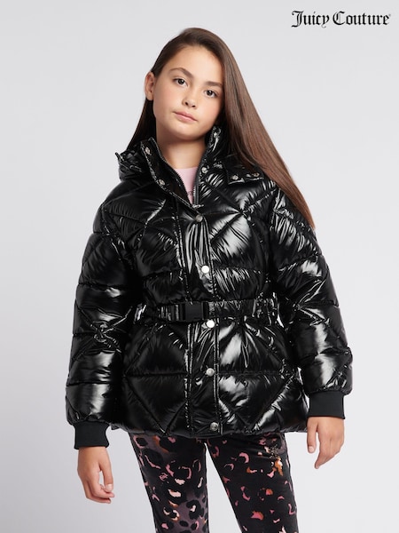 Juicy Couture Black Girls High Shine Belted Mid Length Puffer Coat (AD3947) | €215 - €258