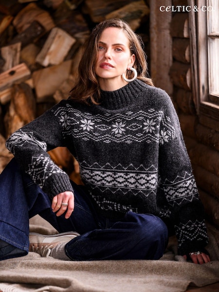 Celtic & Co. Grey Fairisle Pattern Stripe Funnel Neck Jumper (AD4571) | 581 LEI