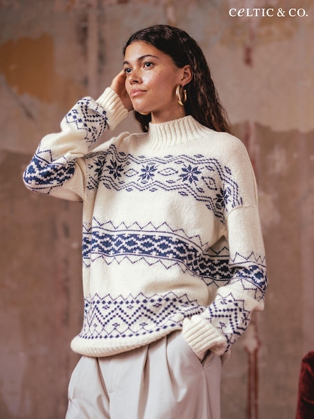 Celtic & Co. Cream Fairisle Pattern Stripe Funnel Neck Jumper (AD4620) | €83
