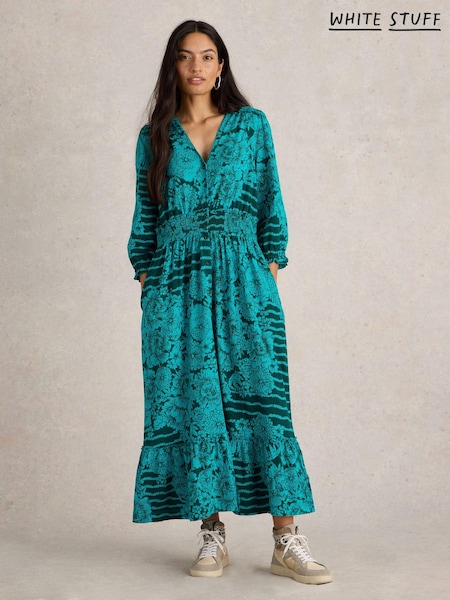 White Stuff Green Jonie Shirred 100% Cotton Jersey Dress (AD4763) | €43.50